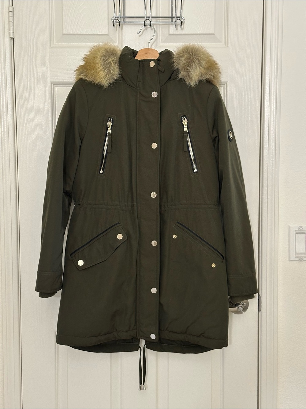Michael Kors Olive Green Faux-Fur Trim Parka - Size XS